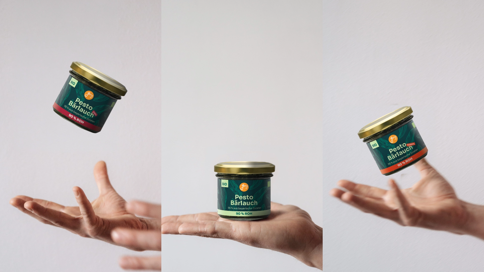 Three bottles with the newly designed Pesto label for Georgs Bio-Bauern.